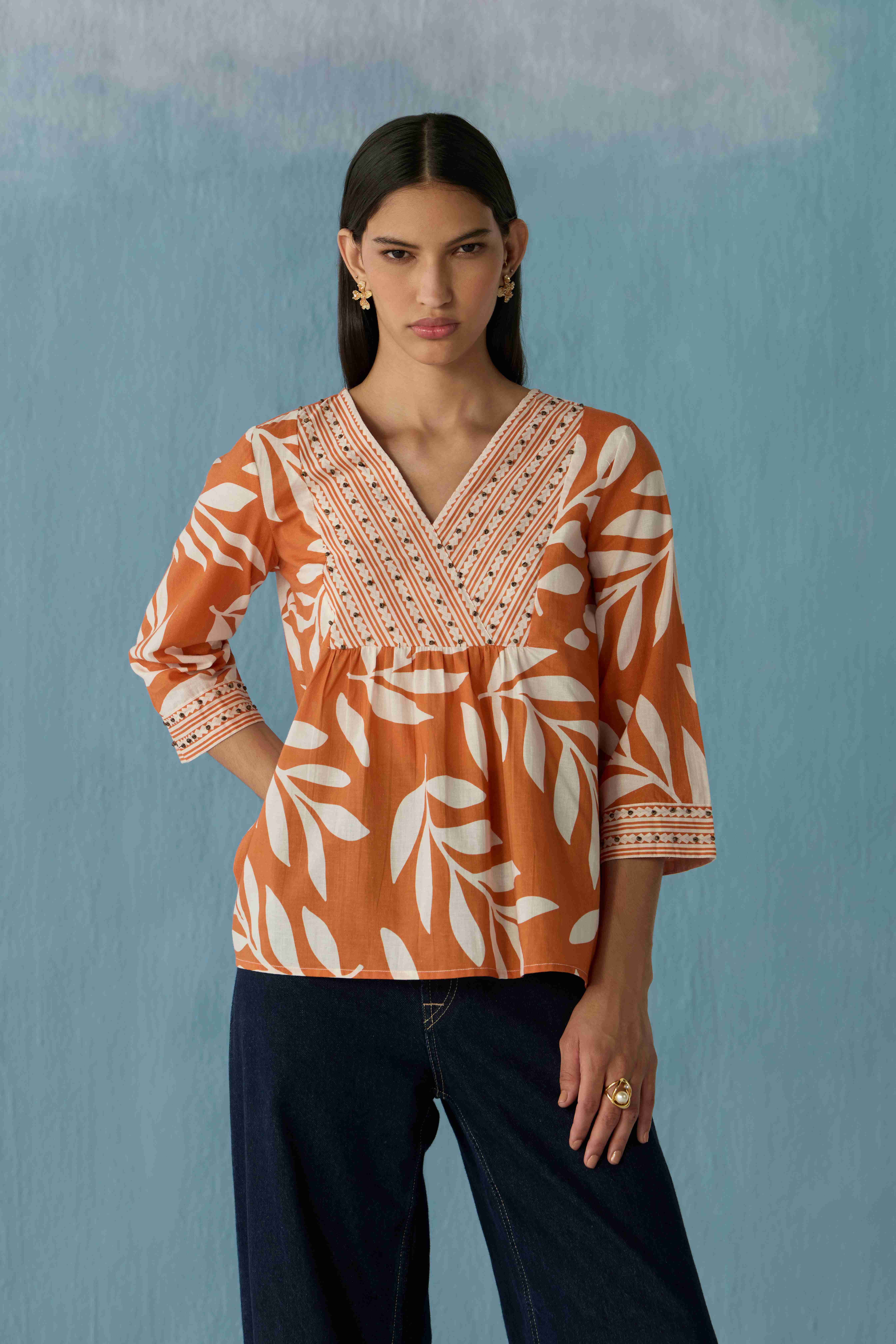 Burnt Orange Stencil Leaf Top