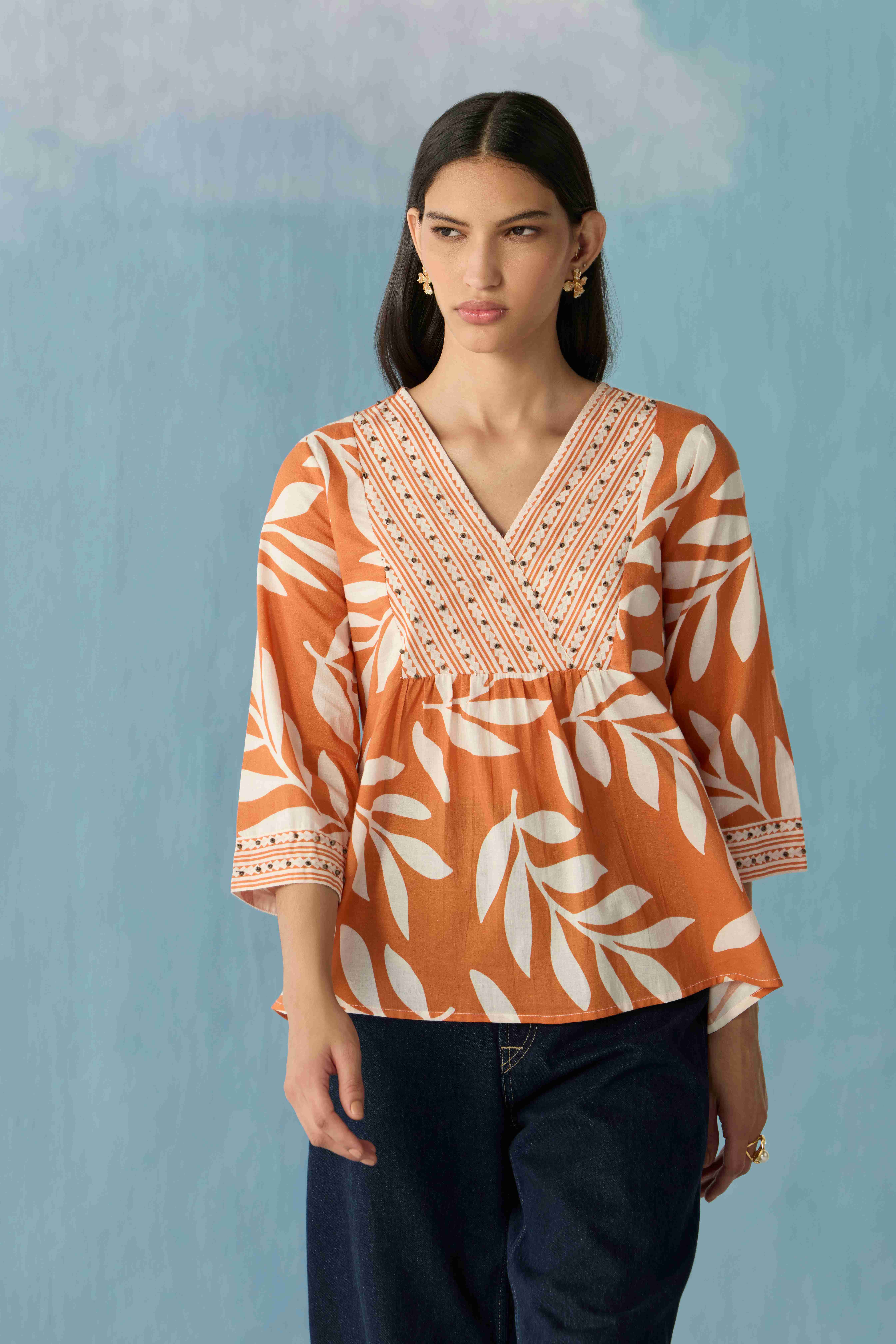 Burnt Orange Stencil Leaf Top