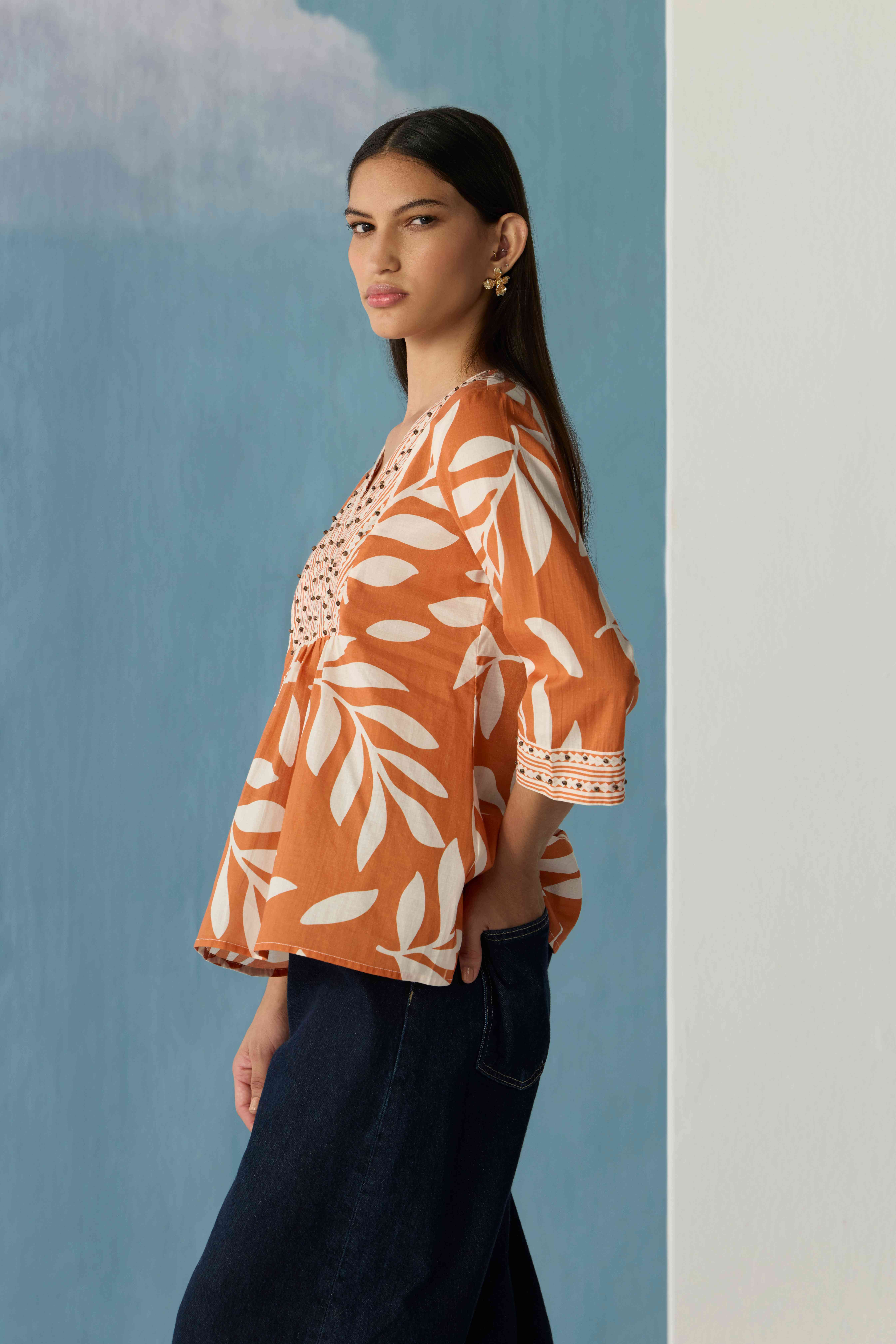 Burnt Orange Stencil Leaf Top