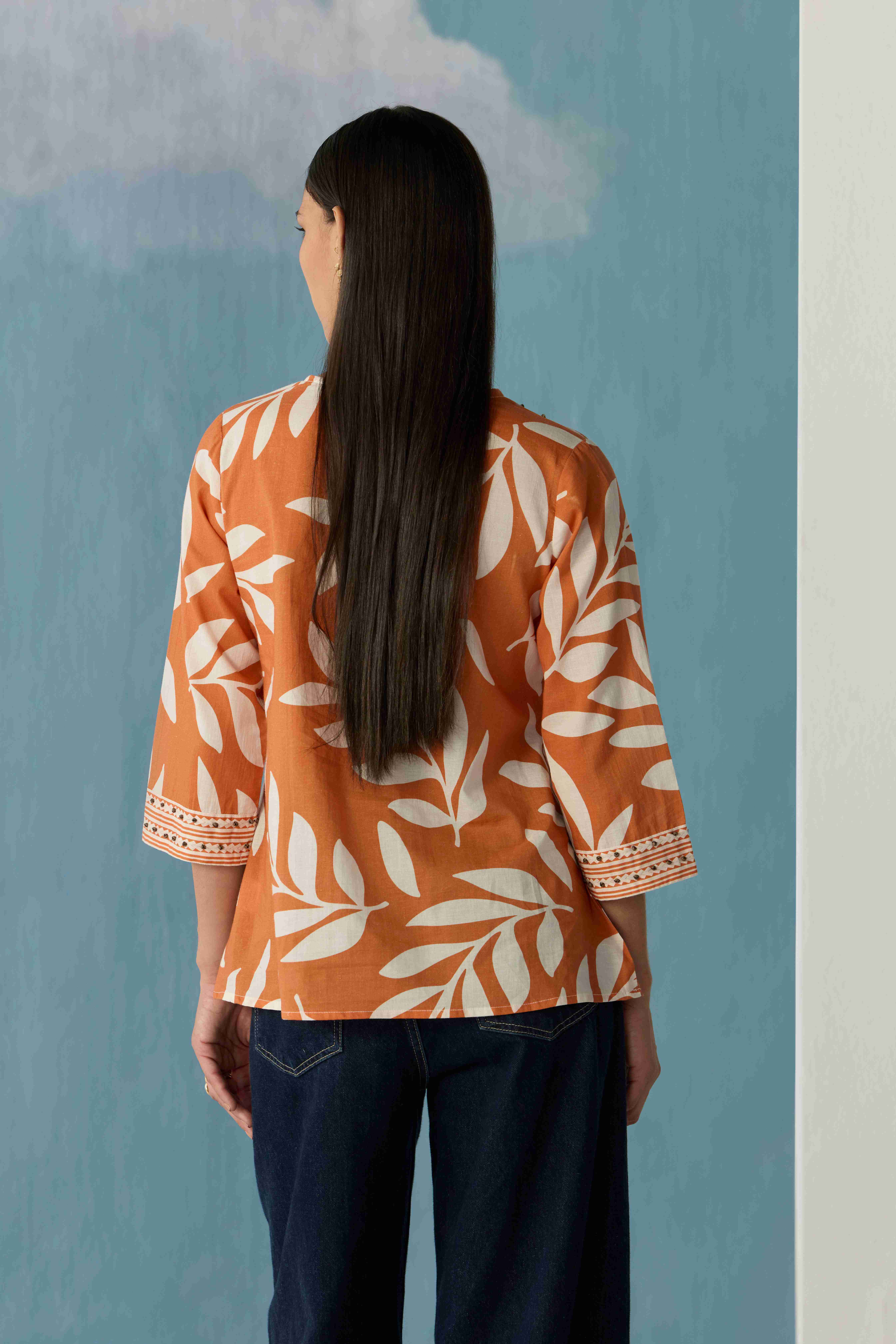 Burnt Orange Stencil Leaf Top
