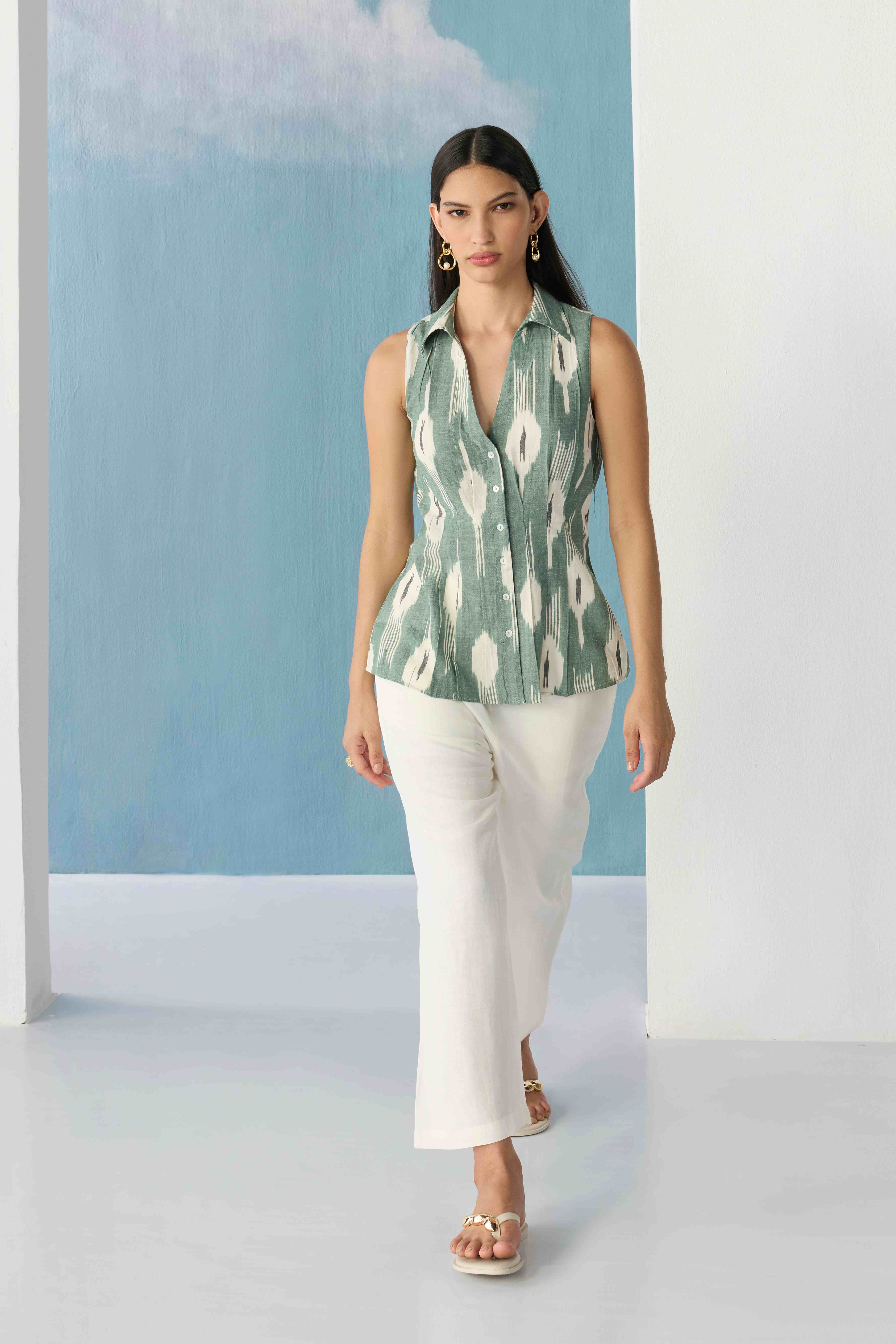 Soft safe collared ikat top