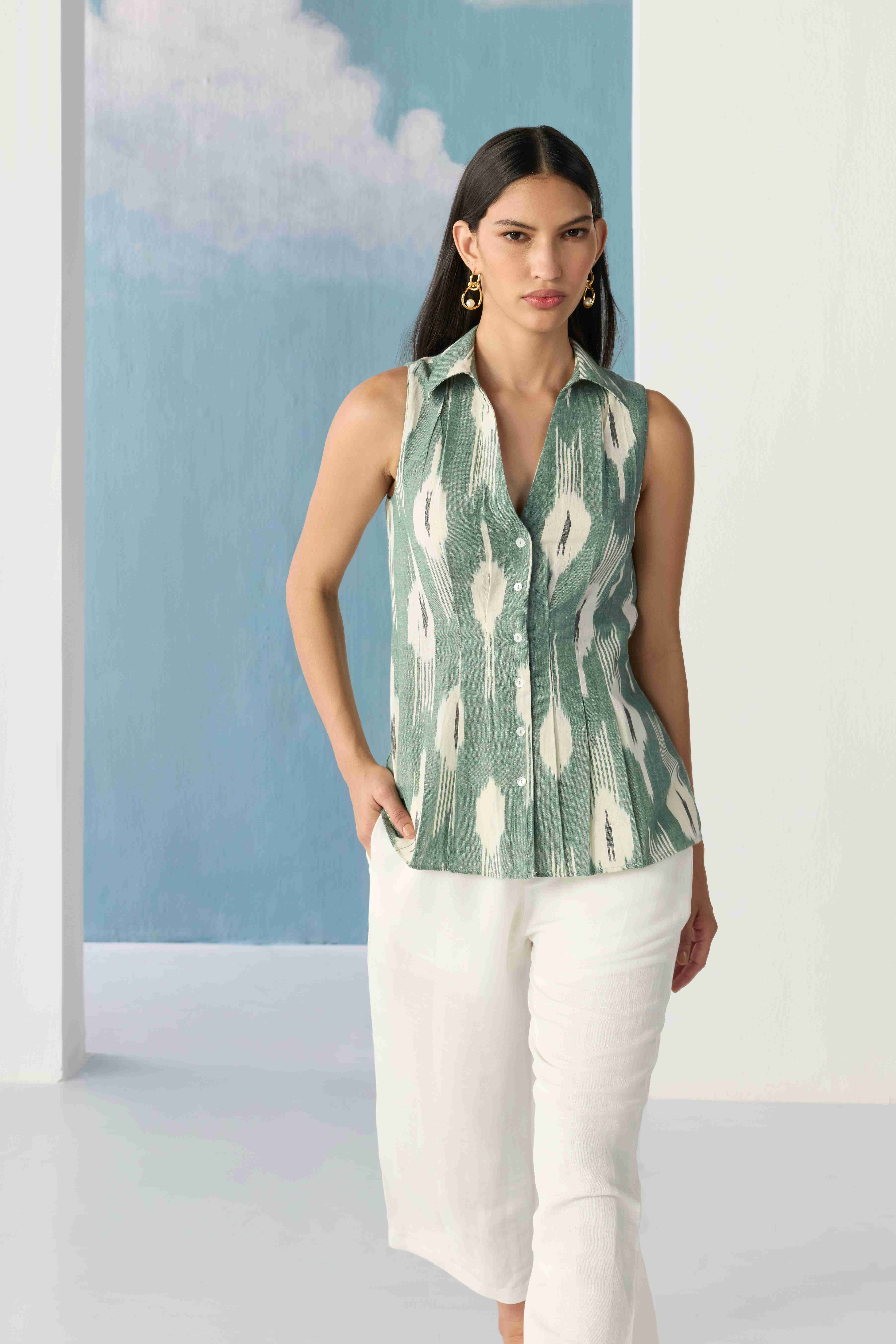 Soft safe collared ikat top