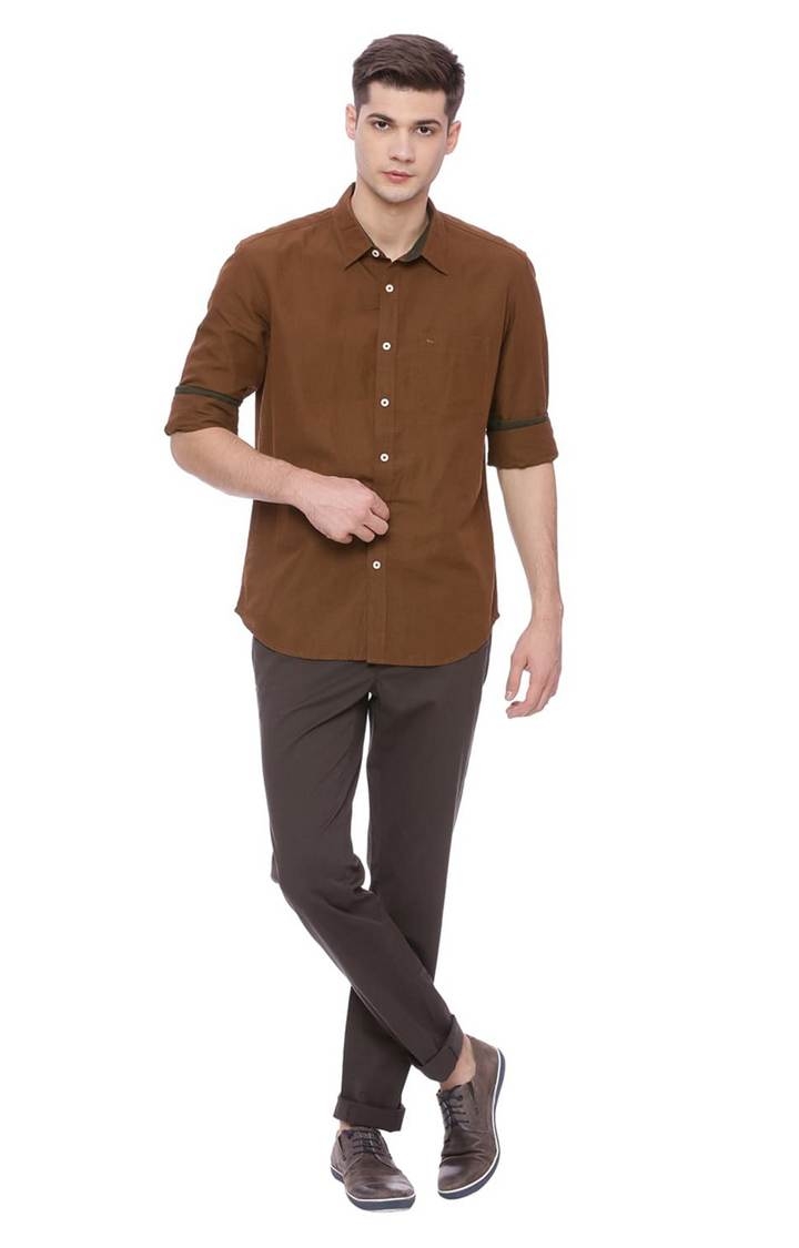 Basics | Men's Brown Cotton Blend Solid Chinos 1