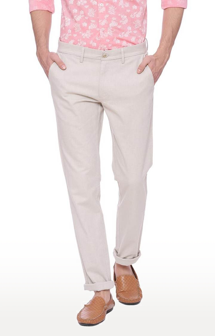 Men's Beige Cotton Blend Solid Chinos