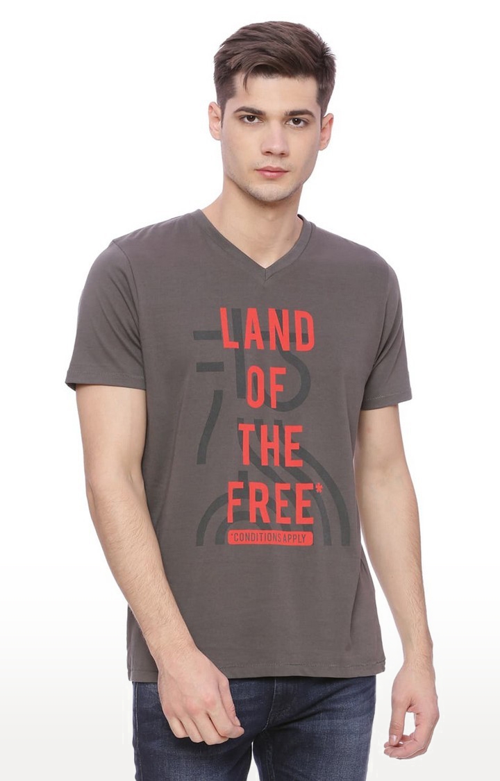 Basics | Men's Grey Cotton Typographic Printed T-Shirt 0