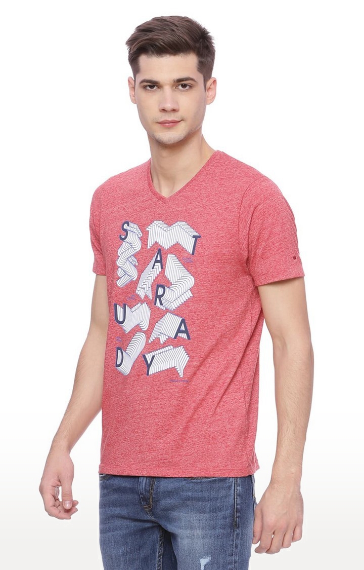 Basics | Men's Red Cotton Blend Printed T-Shirt 2