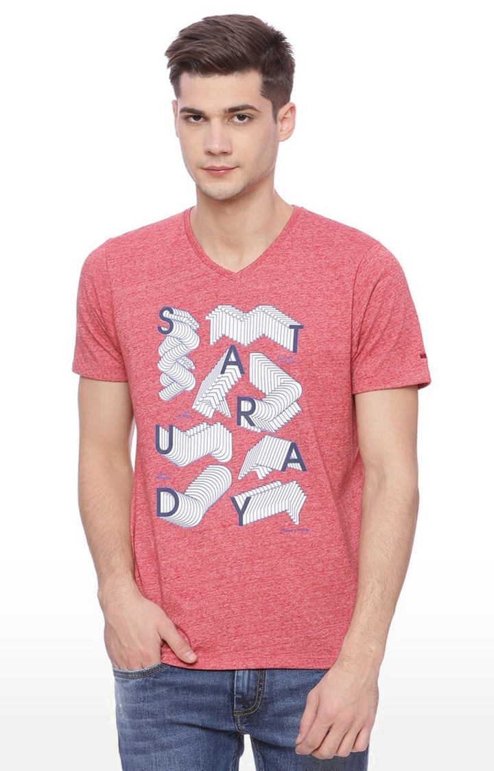 Basics | Men's Red Cotton Blend Printed T-Shirt 0