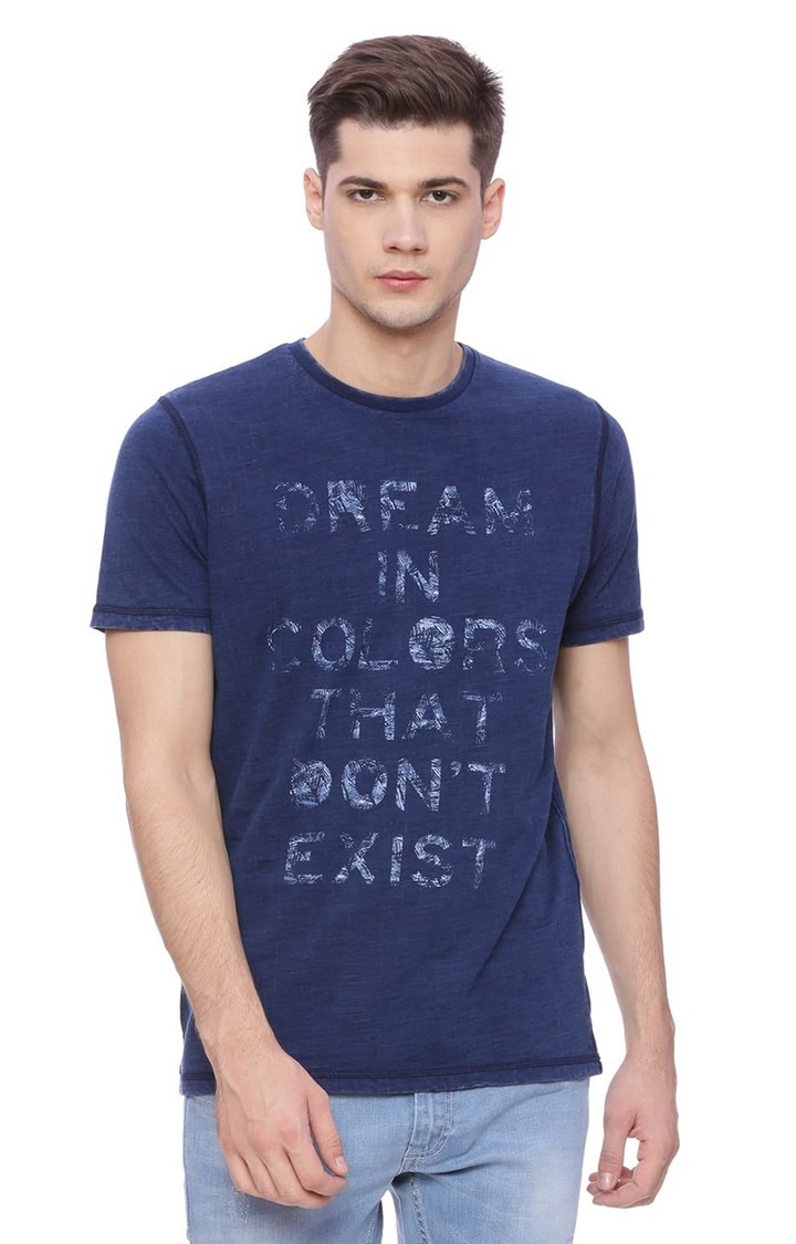 Basics | Men's Navy Denim Typographic Printed T-Shirt 0