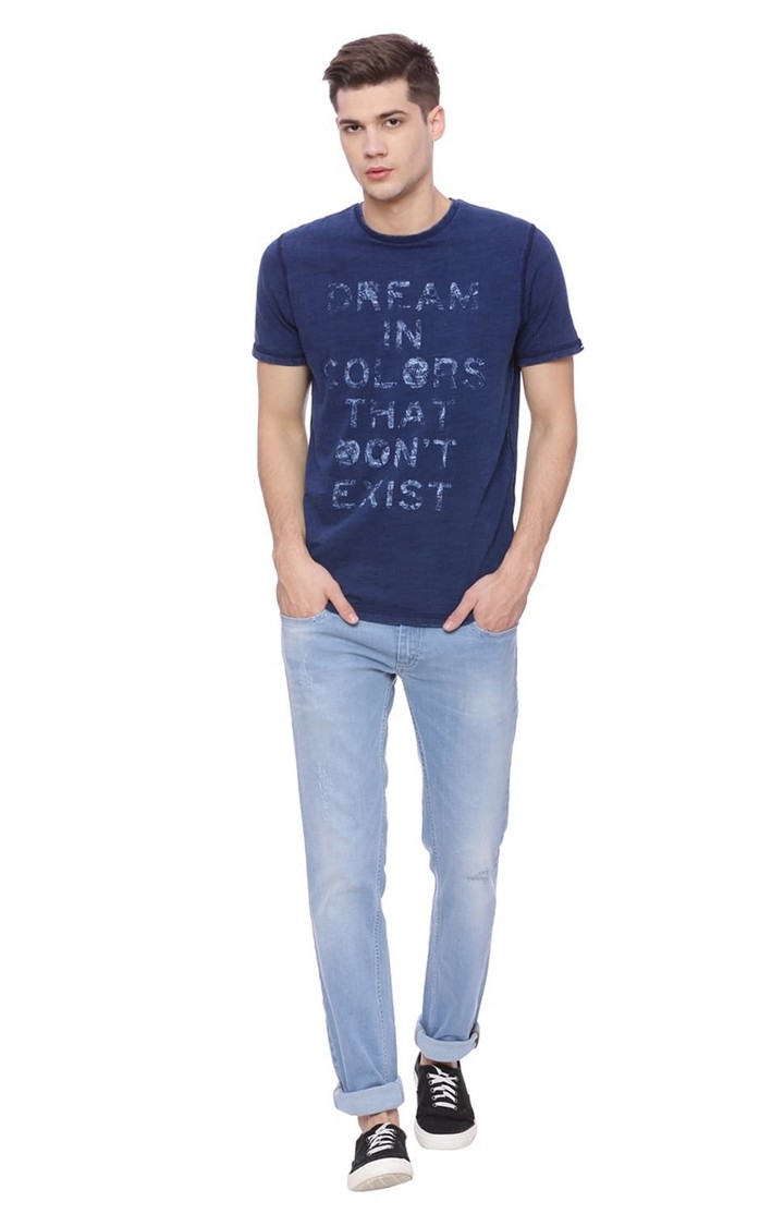 Basics | Men's Navy Denim Typographic Printed T-Shirt 1