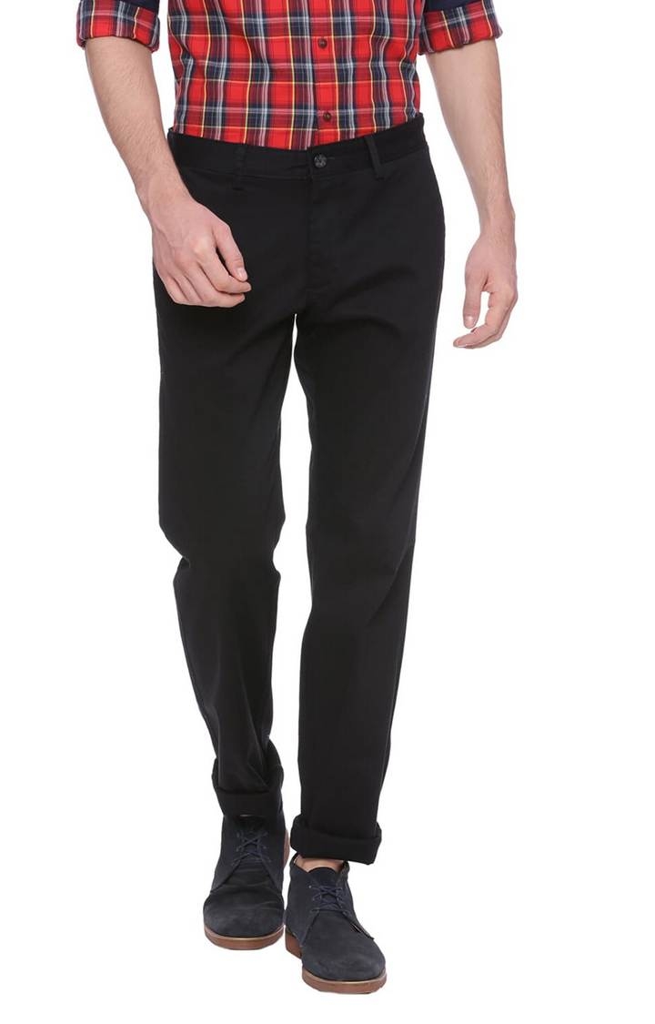 Men's Black Cotton Blend Solid Chinos