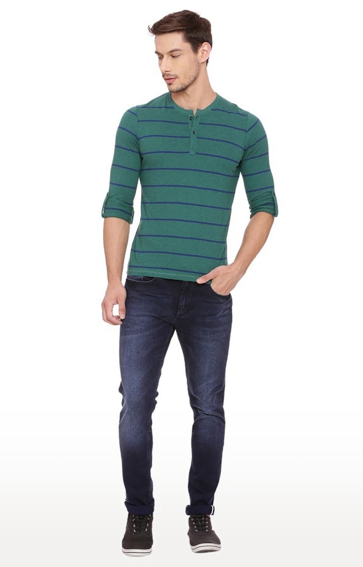 Basics | Men's Green Cotton Striped T-Shirt 0