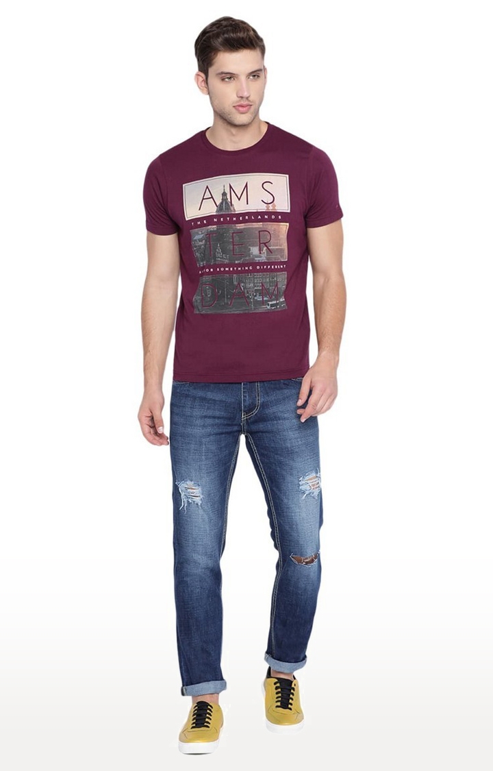 Basics | Men's Maroon Cotton Blend Printed T-Shirt 0