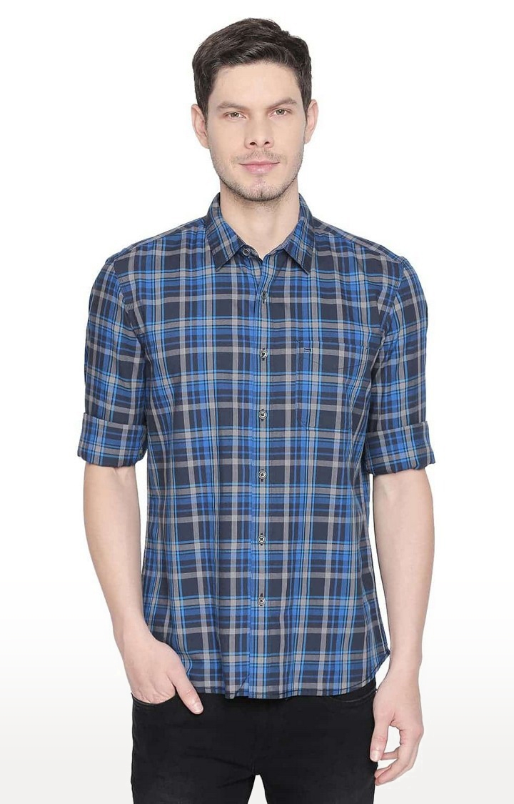 Basics | Men's Blue Cotton Checked Casual Shirts 0