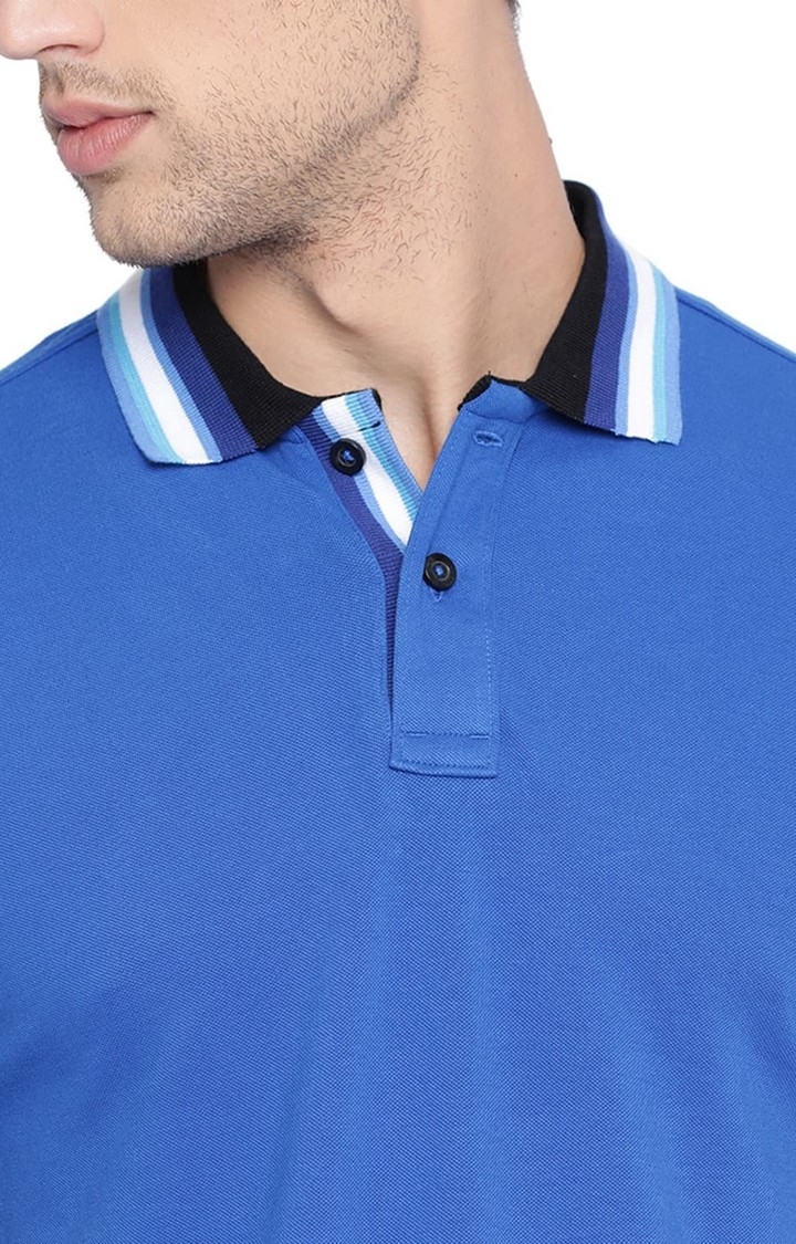 Men's Blue Cotton Blend Solid Polos