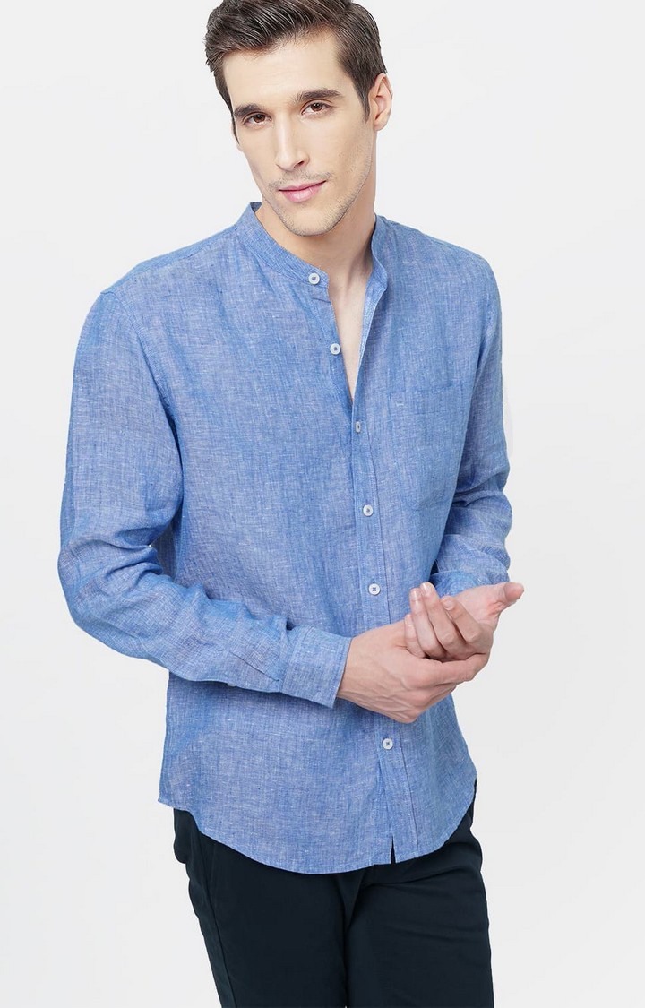 Men s Blue Linen Solid Casual Shirts