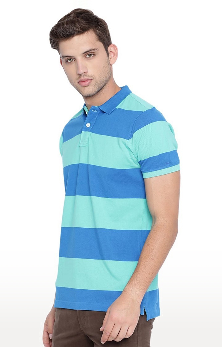 Men's Green Cotton Striped Polos