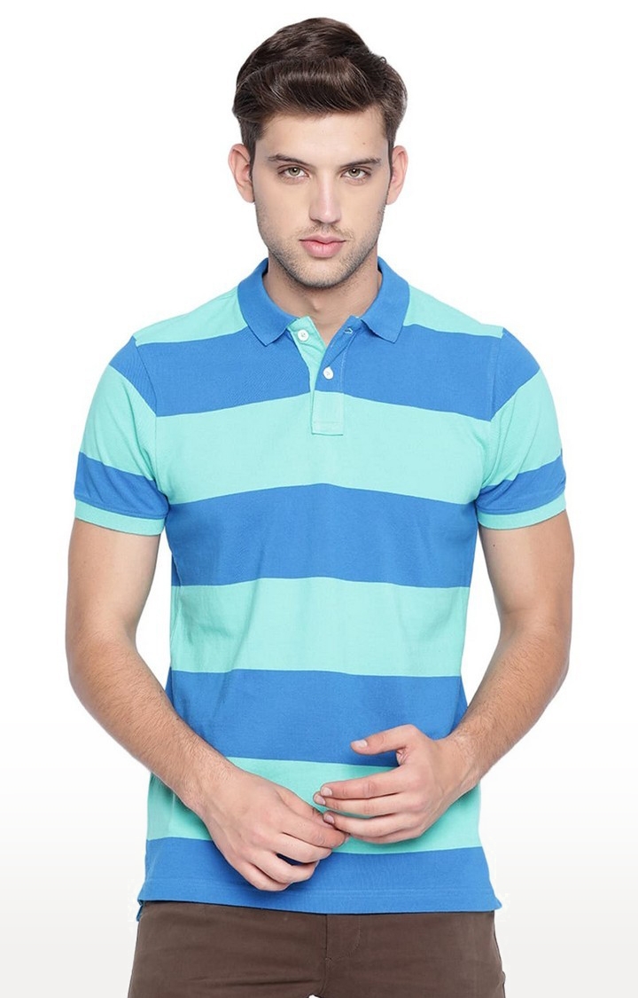 Men's Green Cotton Striped Polos