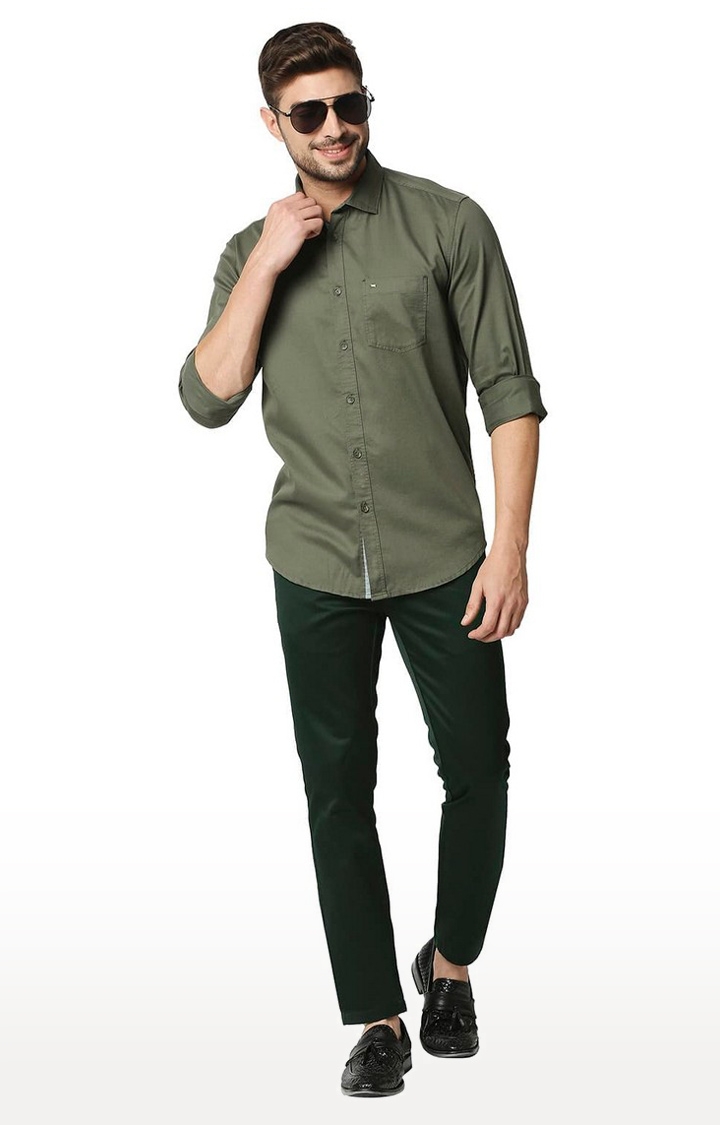 Basics | Men's Dark Green Cotton Blend Solid Trouser 1