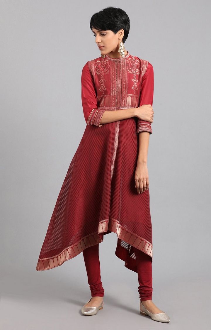 W | Women's Red Cotton Blend  Asymmetric Kurta 1