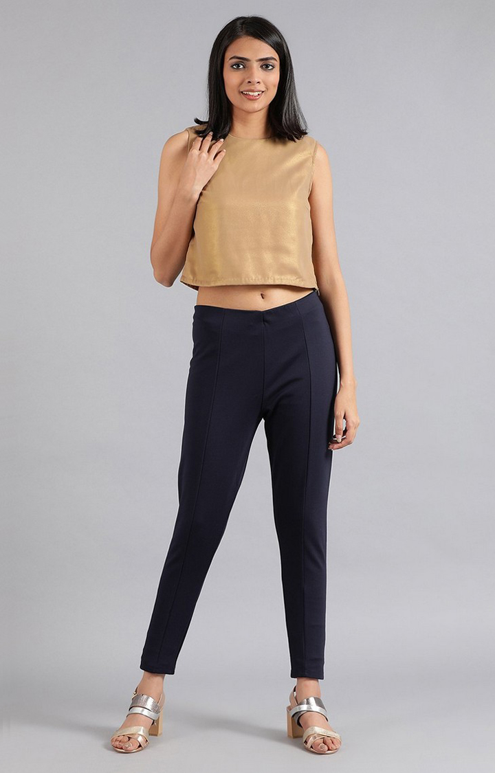 Women's Blue Cotton Blend Straight Chinos