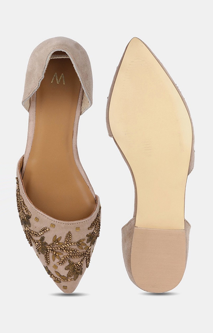 W | W Beige Pointed Toe Embroidered Flat 2