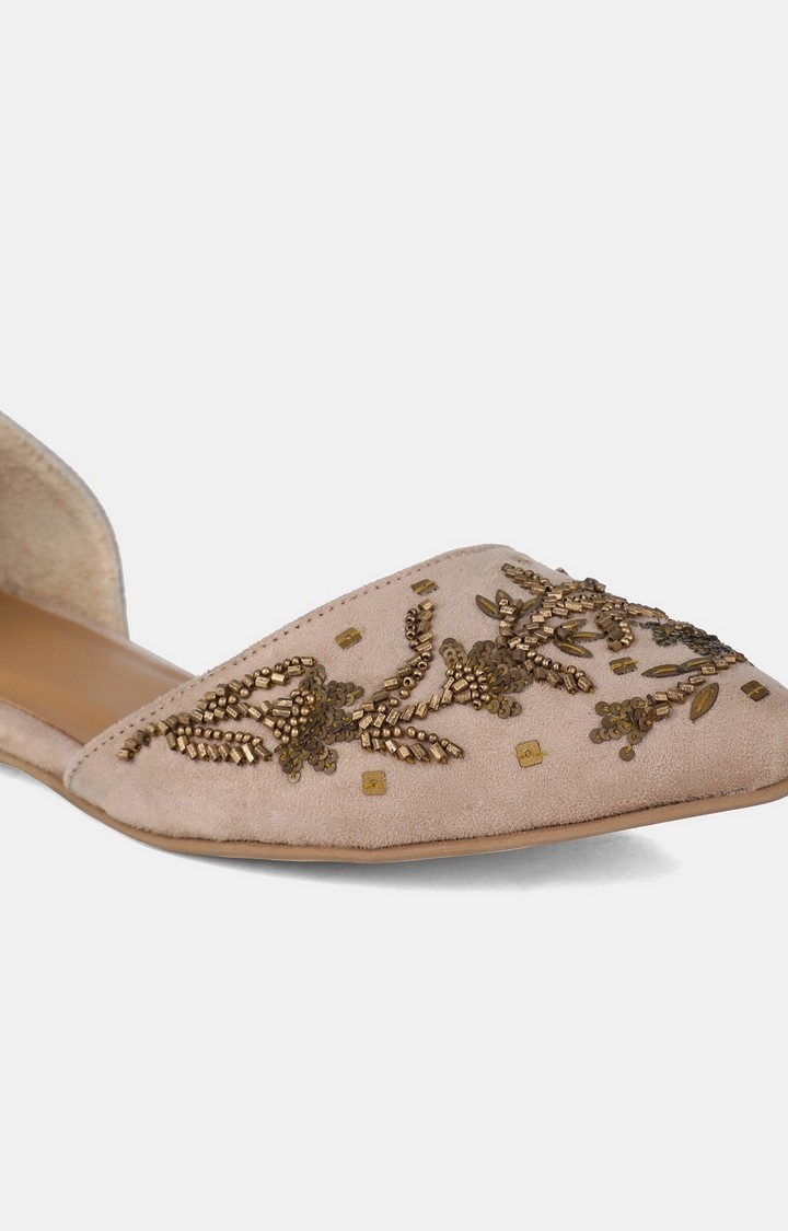 W | W Beige Pointed Toe Embroidered Flat 3