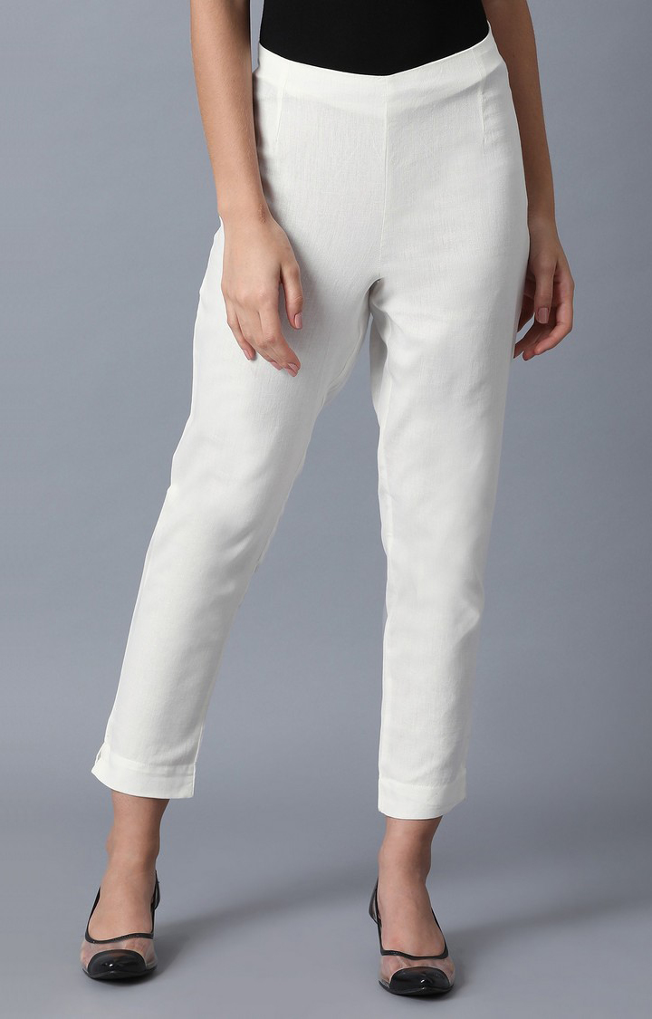 Women's White Cotton Solid Trousers