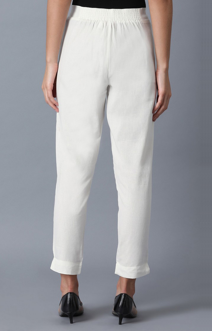 Women's White Cotton Solid Trousers