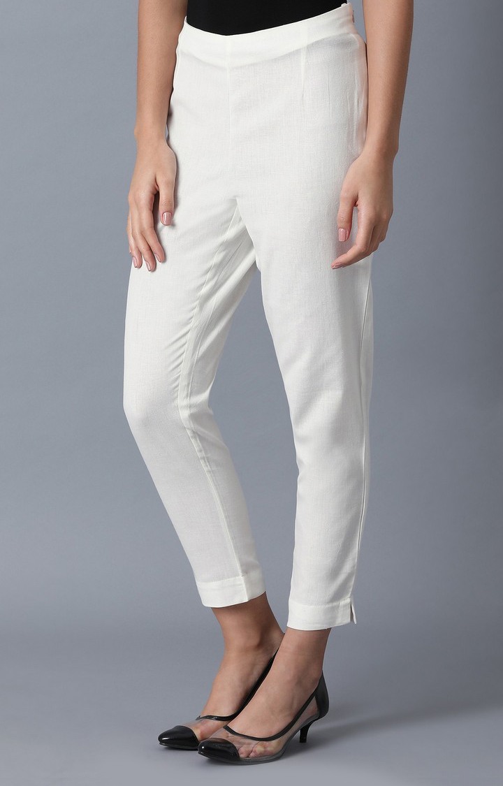 Women's White Cotton Solid Trousers