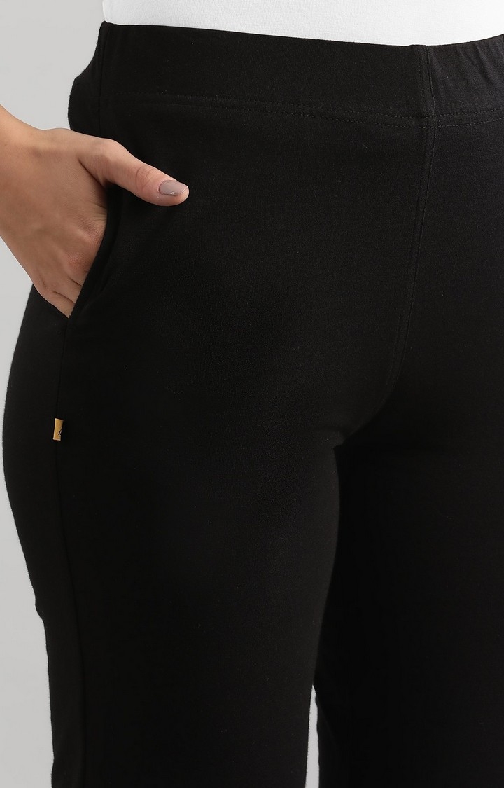 Aurelia | Women's Black Cotton Blend Solid Trousers 4