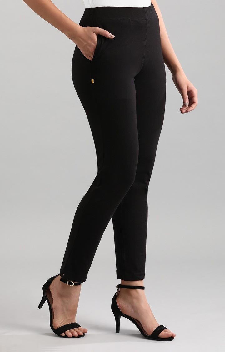 Aurelia | Women's Black Cotton Blend Solid Trousers 2
