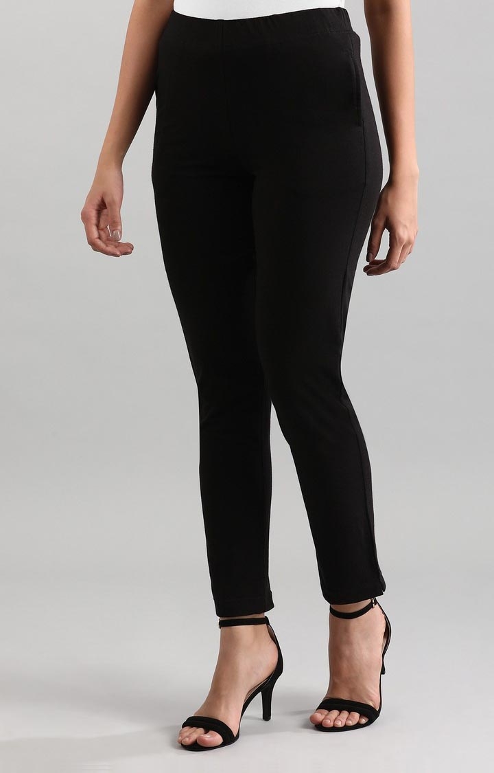 Aurelia | Women's Black Cotton Blend Solid Trousers 1