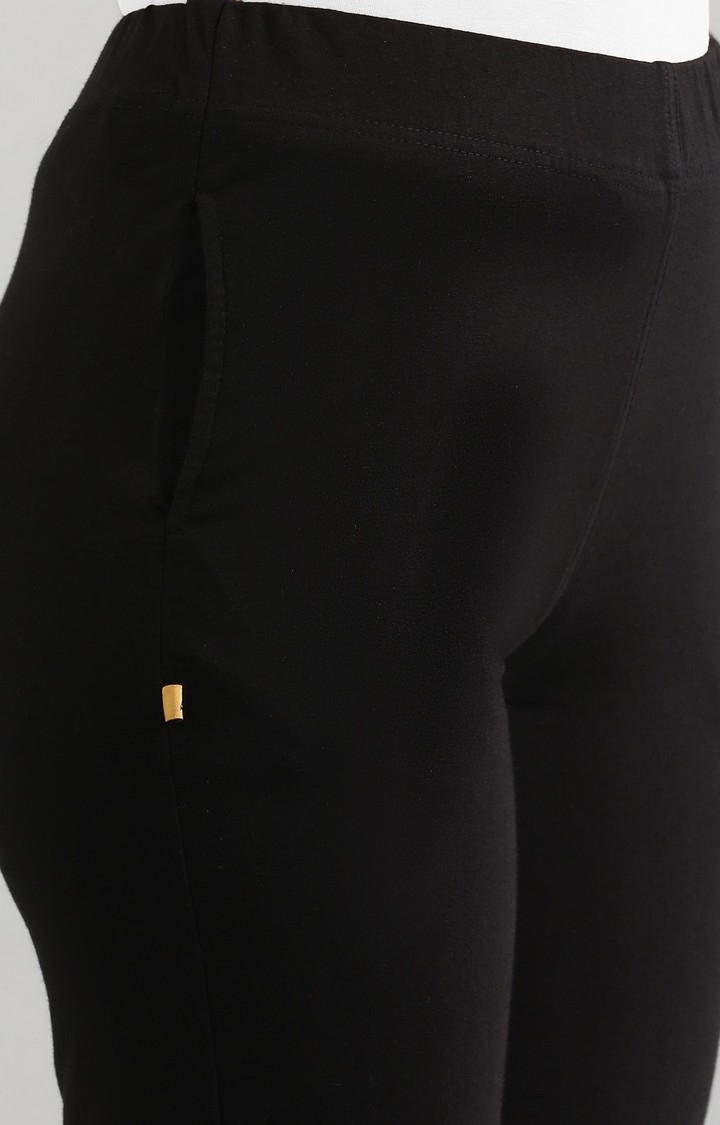 Aurelia | Women's Black Cotton Blend Solid Trousers 5