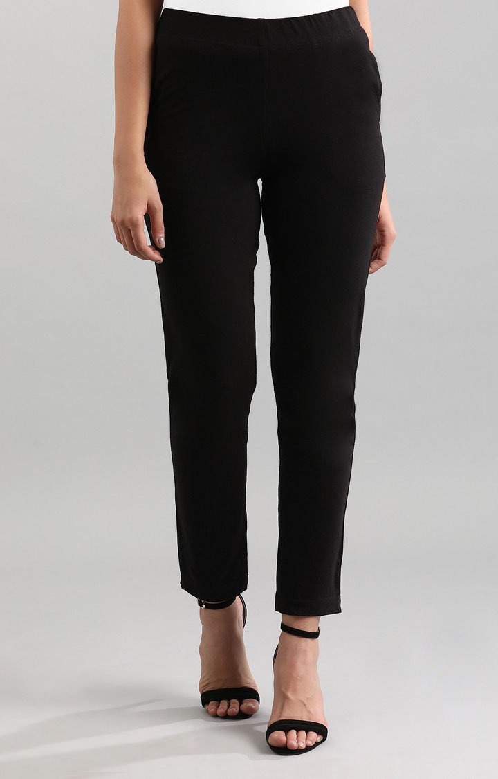 Aurelia | Women's Black Cotton Blend Solid Trousers 0