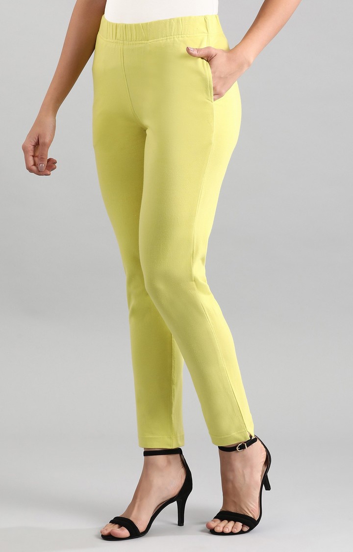 Aurelia | Women's Green Cotton Blend Solid Trousers 1