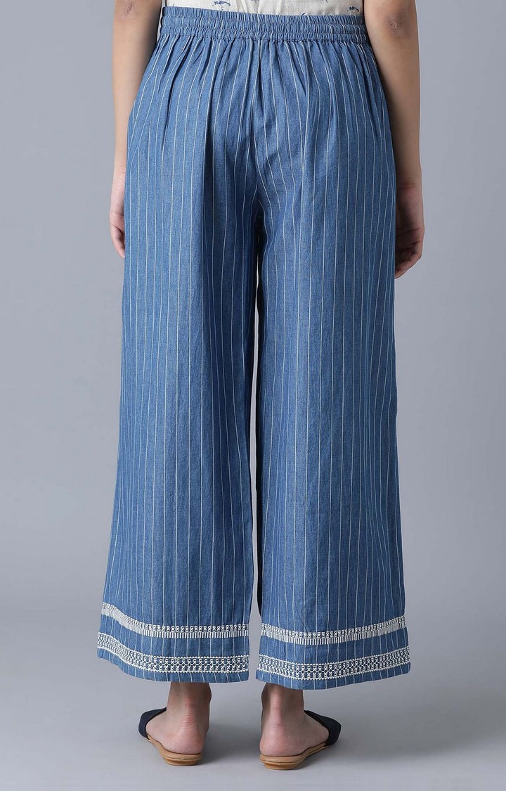 W | Women's Blue Cotton Striped Palazzos 4