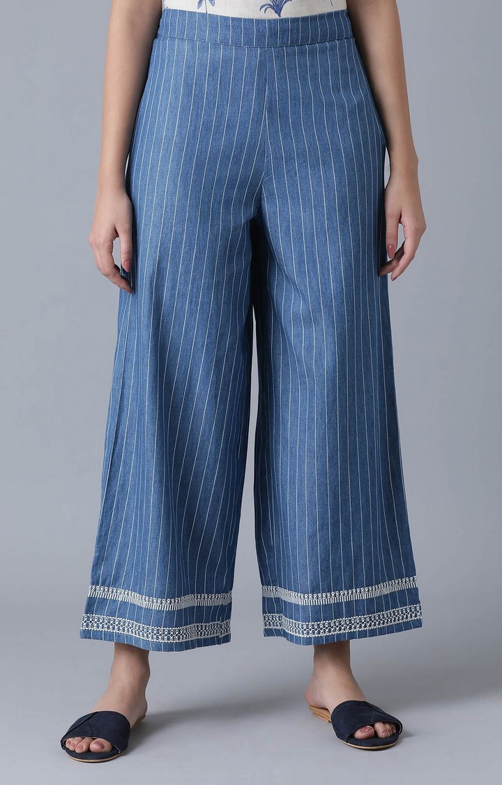 W | Women's Blue Cotton Striped Palazzos 0