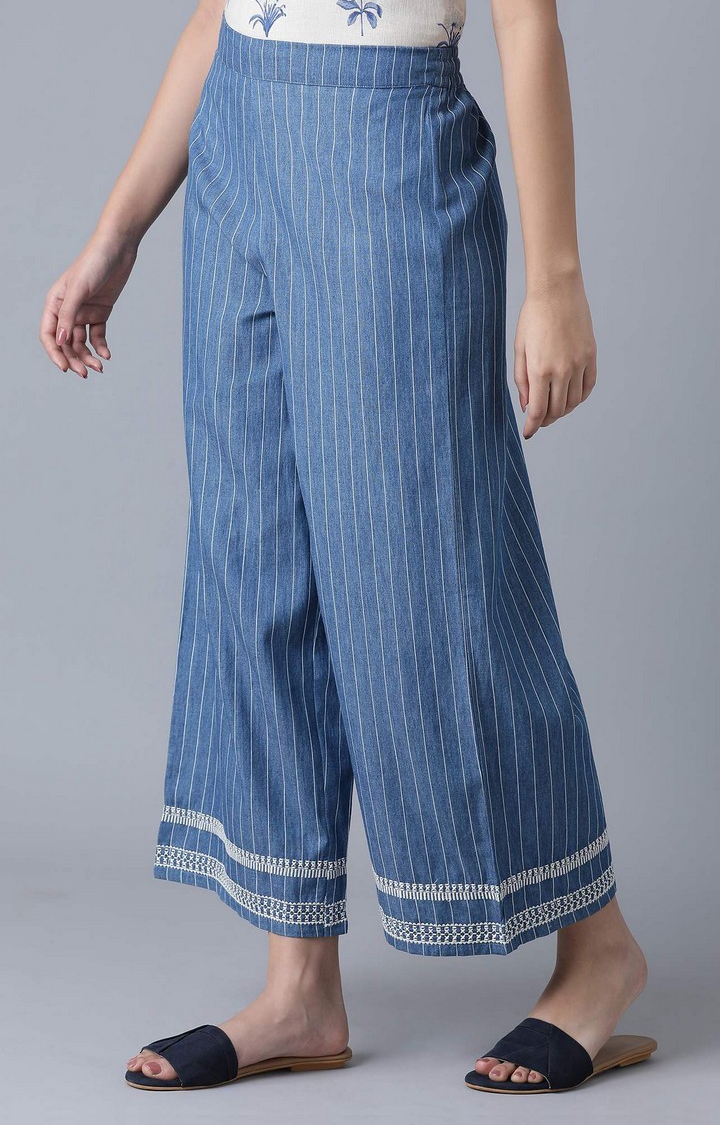 W | Women's Blue Cotton Striped Palazzos 2