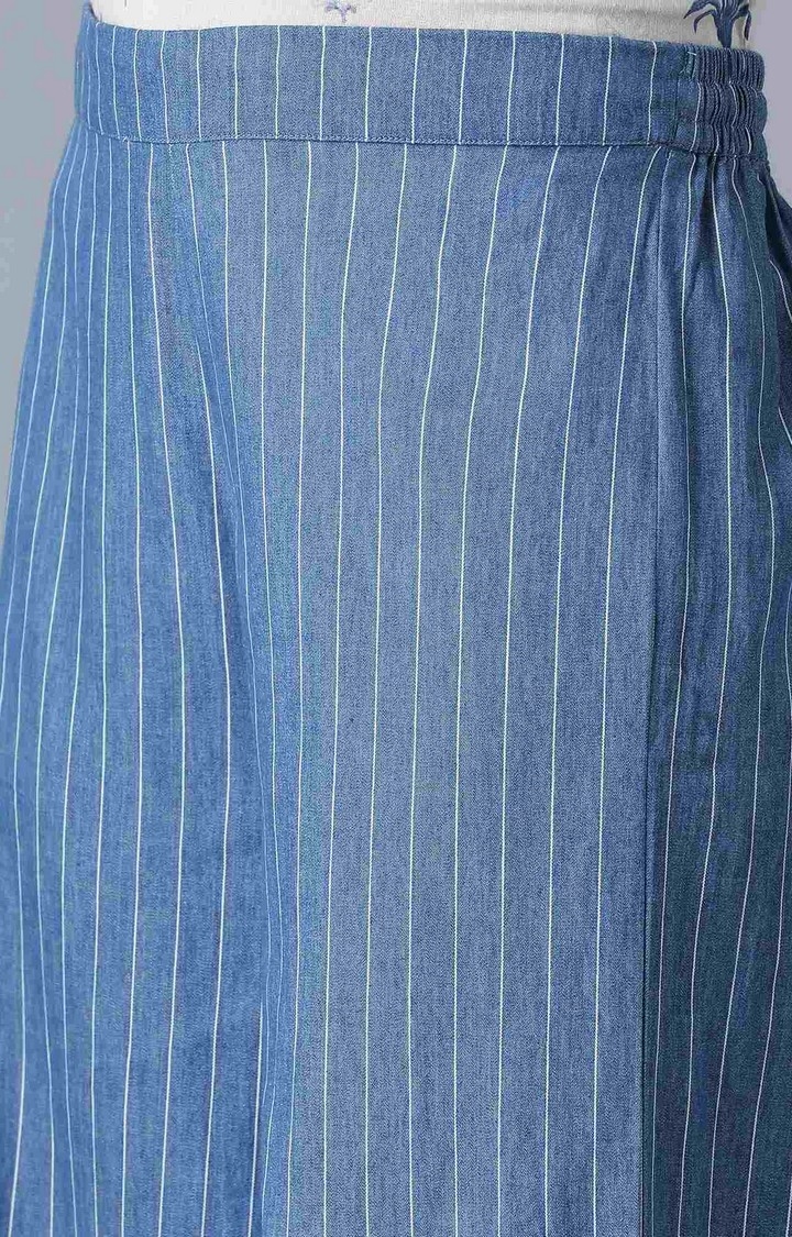 W | Women's Blue Cotton Striped Palazzos 5