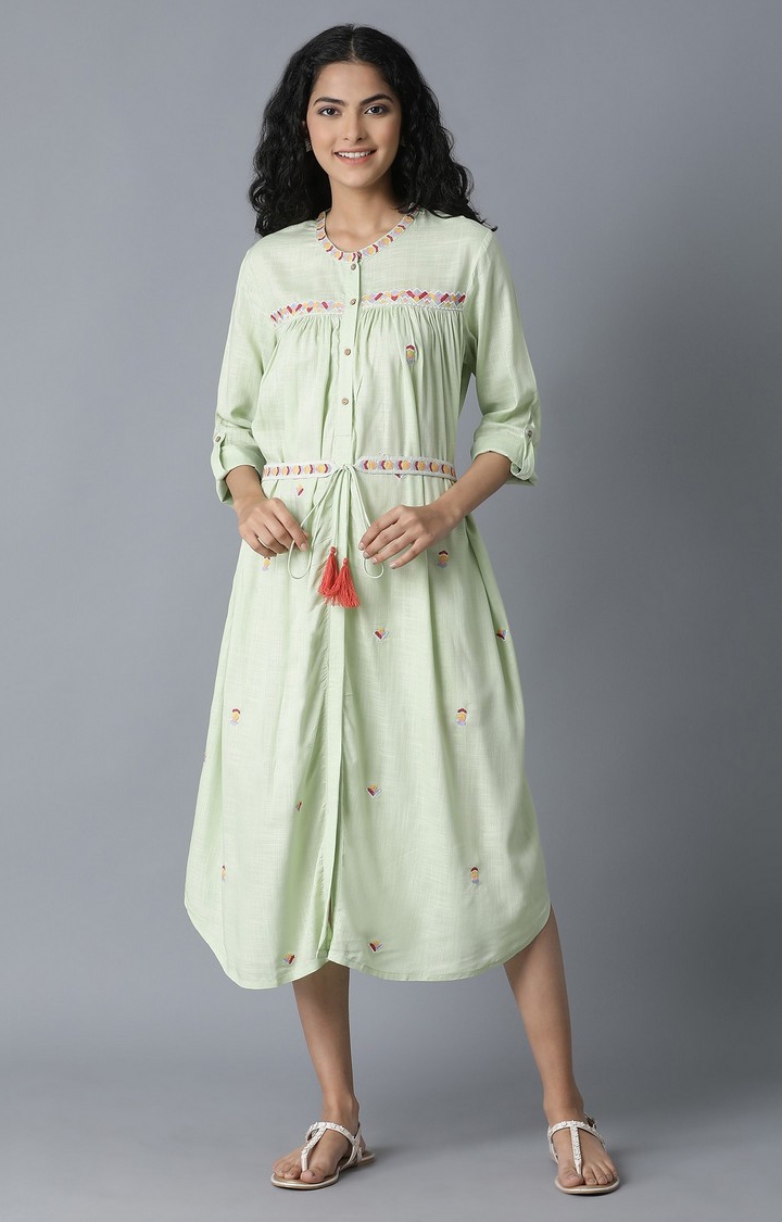 W | Pista Green Gathered Shirt Ethnic Gown 0