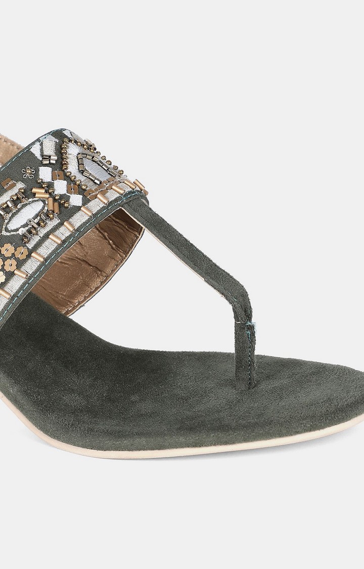 W | Dark Olive Almond Toe Embroidered Block Heel 3