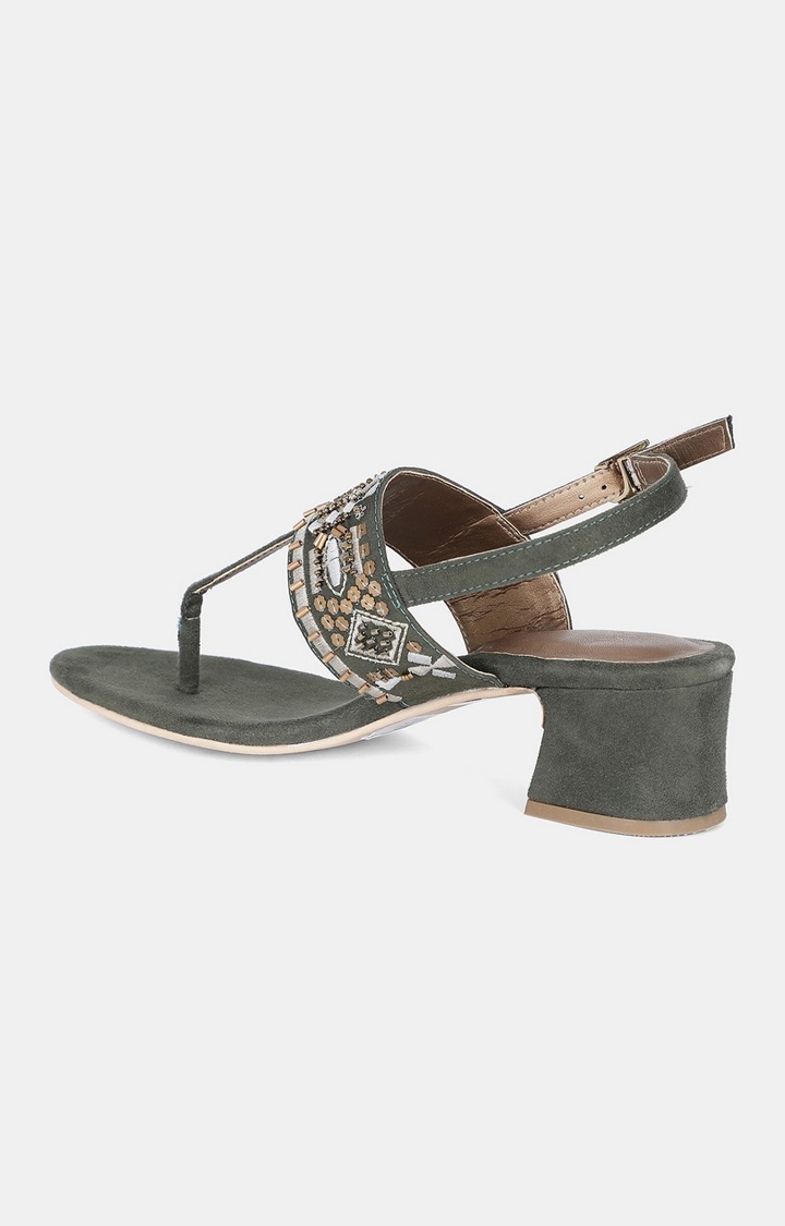 W | Dark Olive Almond Toe Embroidered Block Heel 1