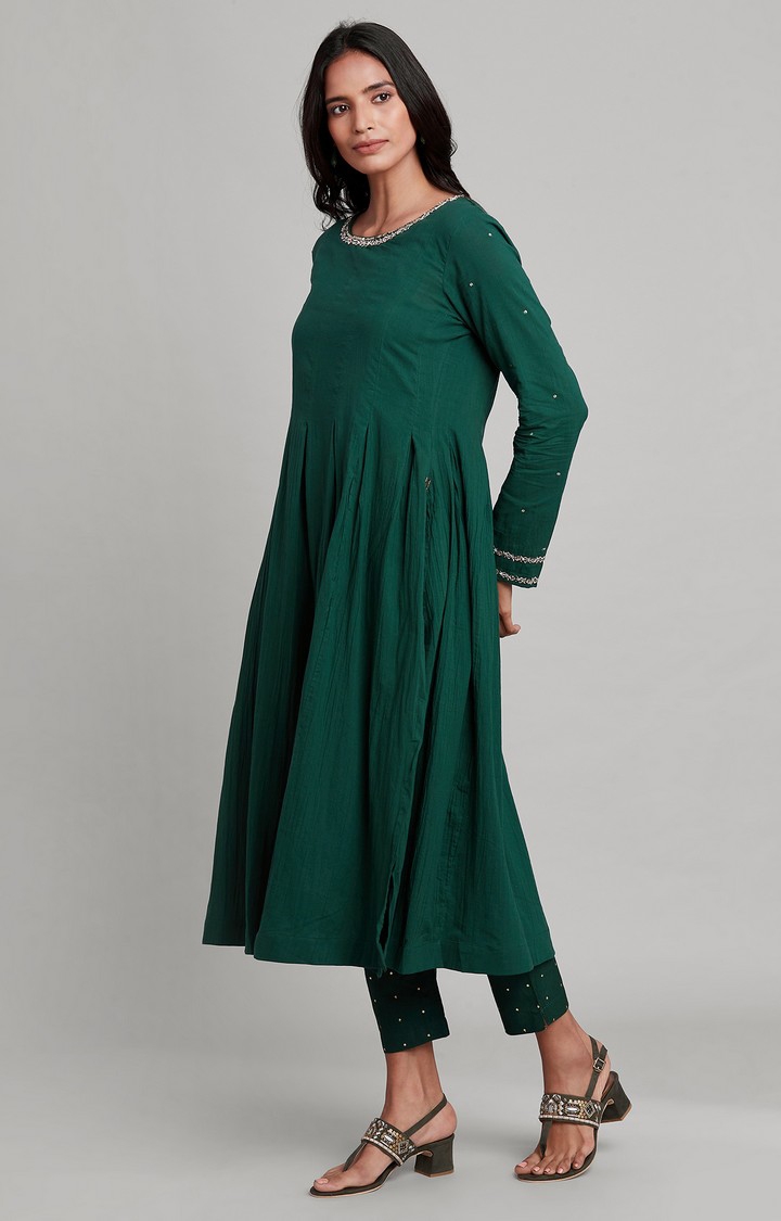 Women's Green Silk Solid Ethnic Pants