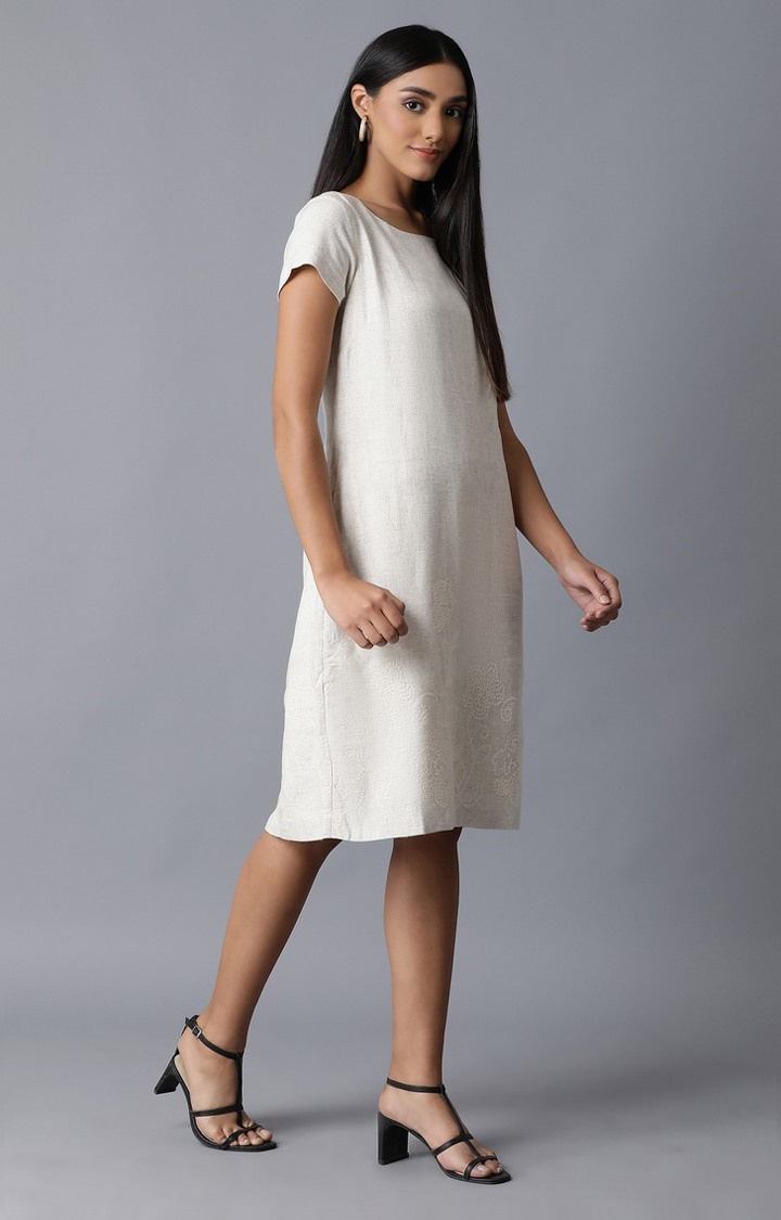 Ecru Natural Flax Embroidered Border Dress