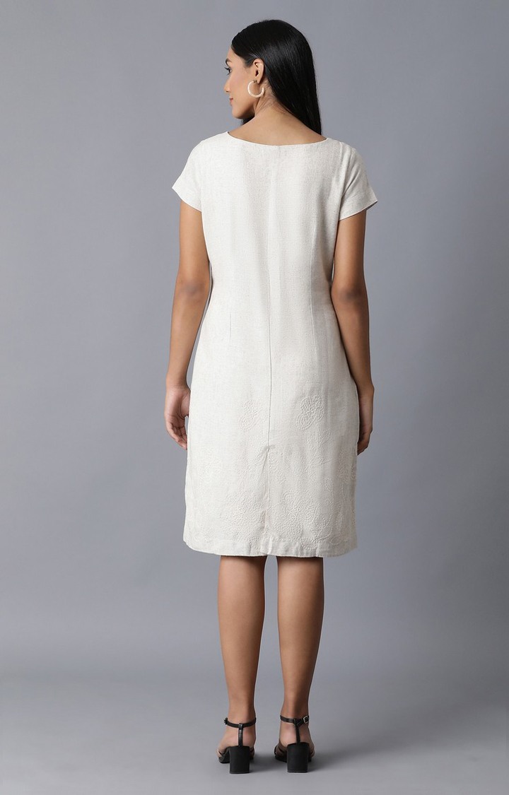 Ecru Natural Flax Embroidered Border Dress
