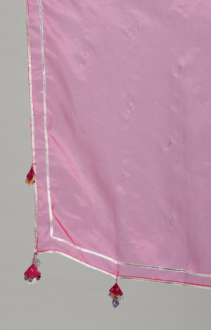 Bright Pink Organza Drape with Mukaish Embroidery And Gota Tapes Dupattas