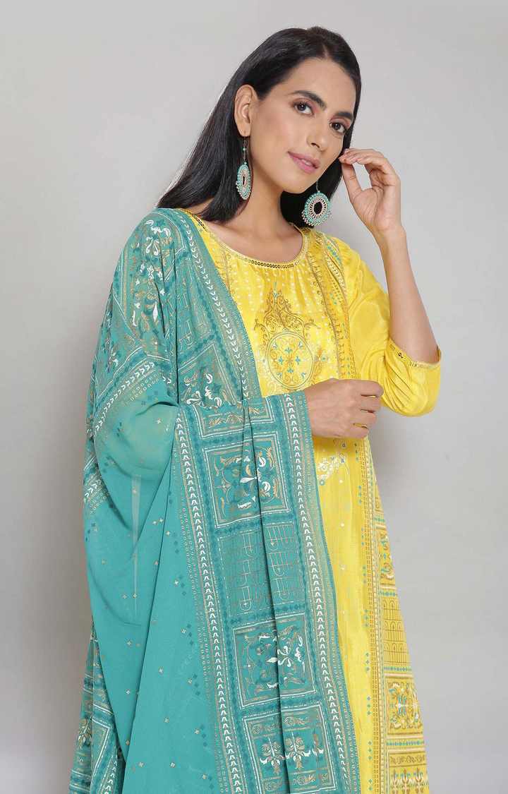 Women's Yellow Viscose Printed Palazzo, Kurta & Dupatta