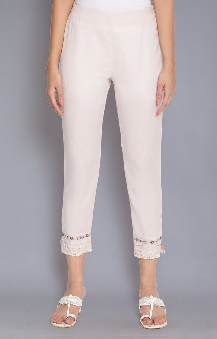 Women's Beige Cotton Solid Casual Pants
