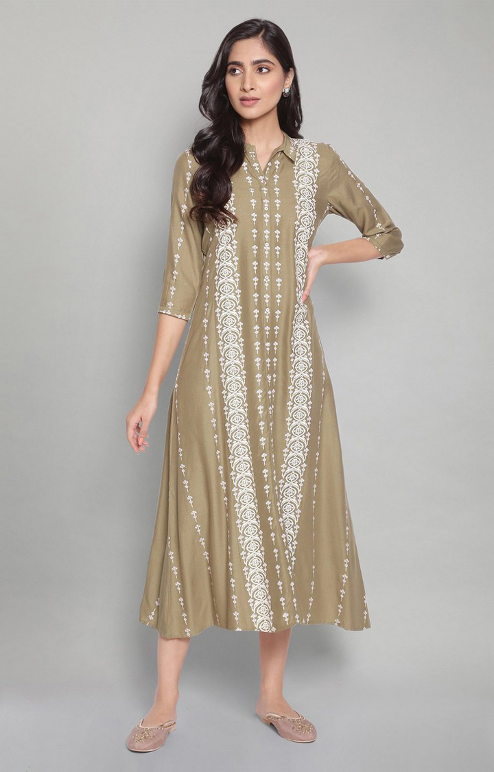 Olive Green A-Line long Ethnic Gown