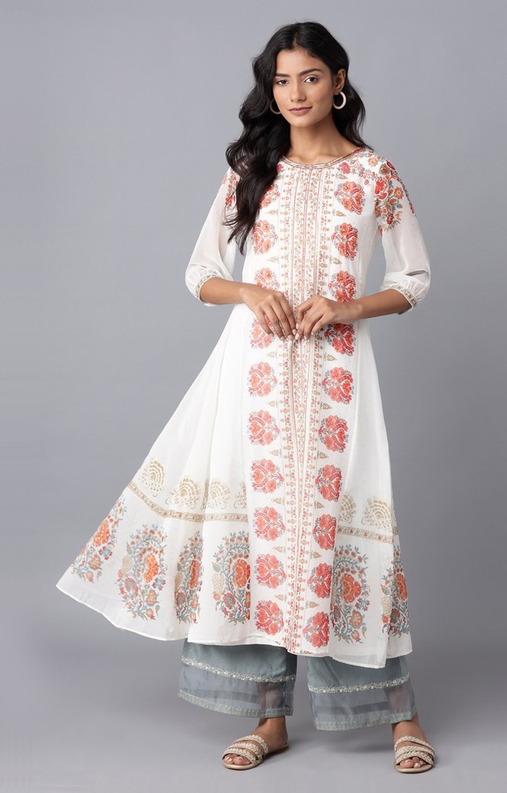 W | Women's White Polyester Floral Kurtis 0